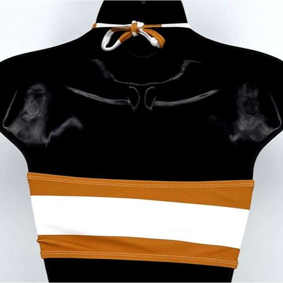 Swimsuit Dark Yellow & White Stripe Print Halter Bikini Top Only Size X-Large - Picture 5 of 6